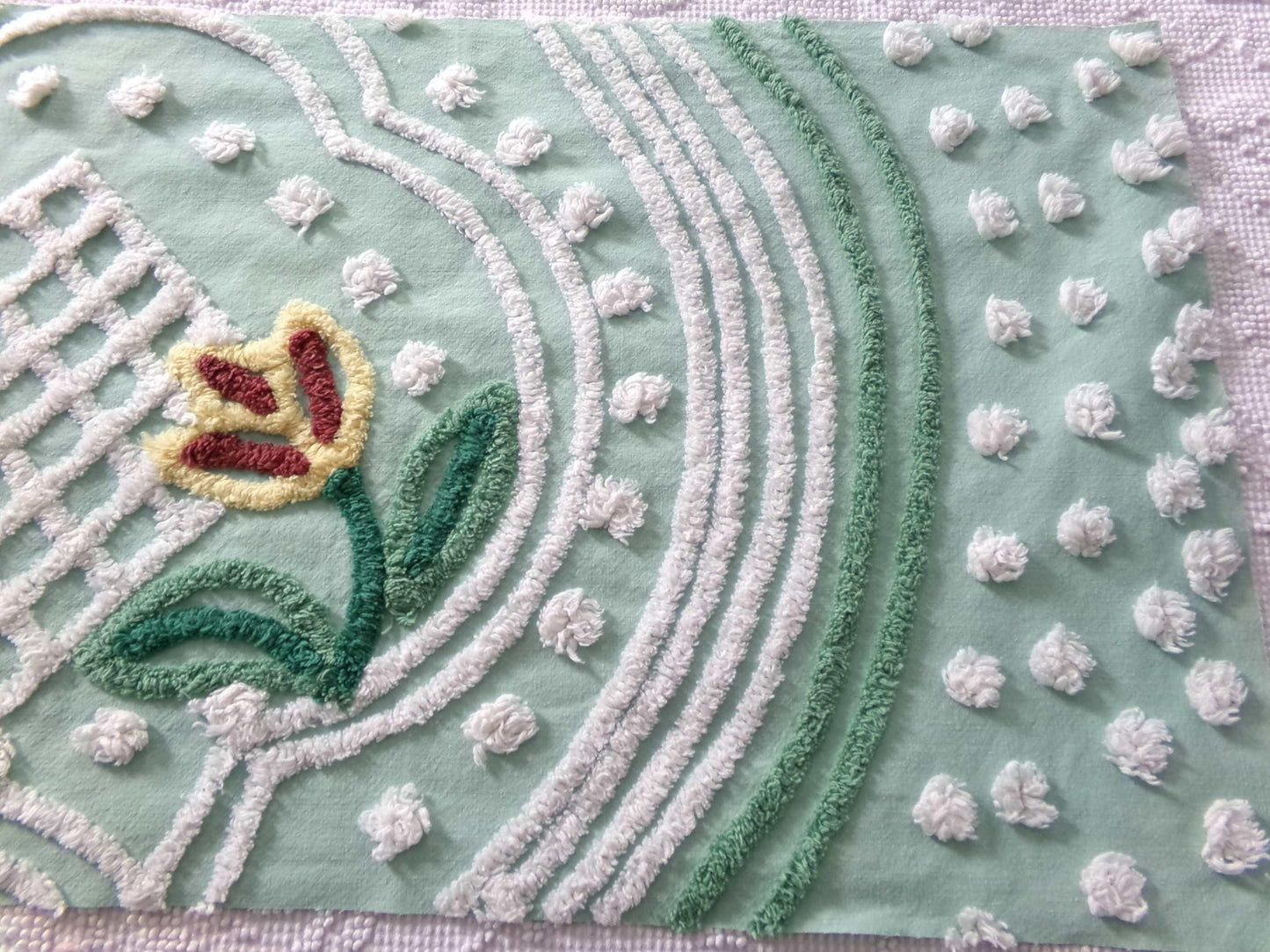 cutest springtime tulip vintage fabric, 13" x 23" inch piece cut from a chenille bedspread, mint green floral sewing material