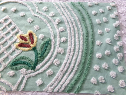 cutest springtime tulip vintage fabric, 13" x 23" inch piece cut from a chenille bedspread, mint green floral sewing material