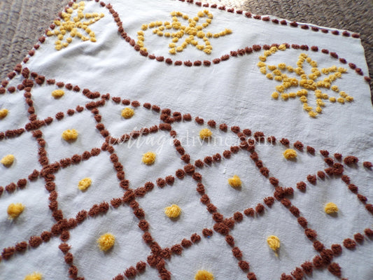 boho sunflower vintage chenille fabric, autumn gold & brown geometric florals on 100% cotton 22" x 28" cut piece