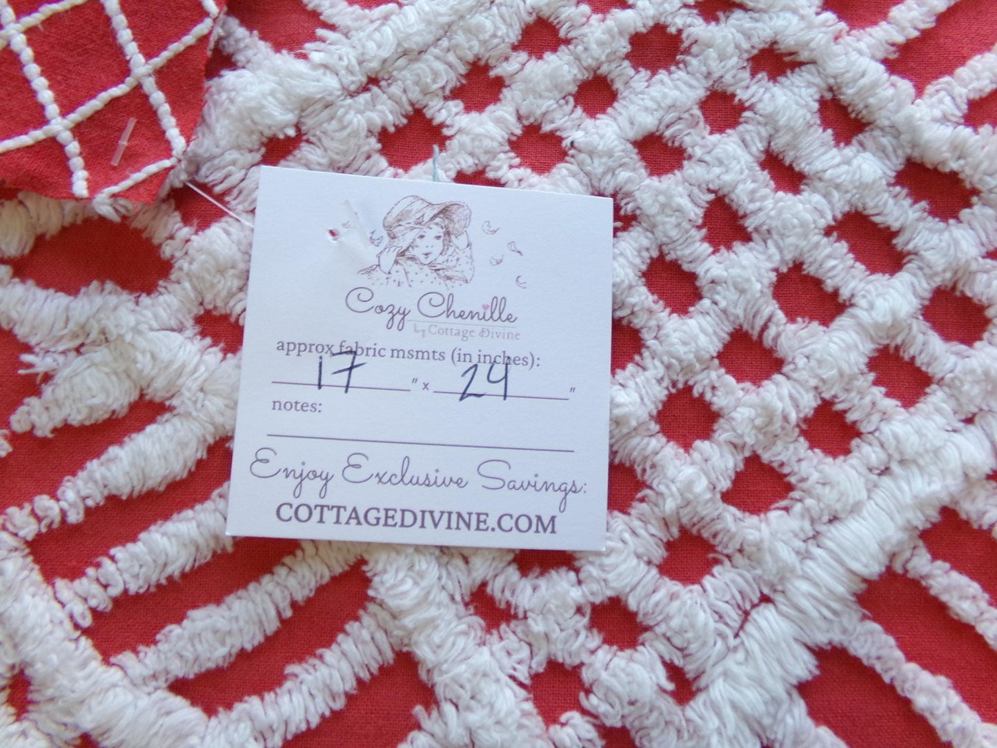 Red & White Geometric Chenille Fabric - Vintage Tufted Textured Cotton Fabric Quilting Crafts - 17" x 24" Piece of Sewing Material