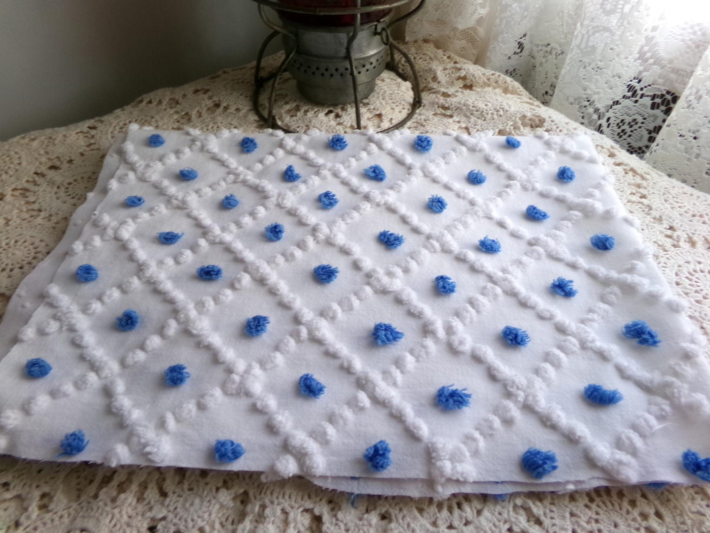 blueberry & white snowdrop pops chenille fabric, 18" x 26" inch piece of vintage sewing material for quilting, crafts