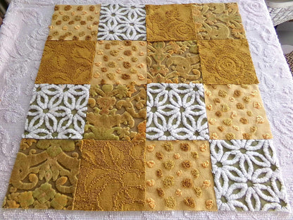 boho mama velvet & chenille fabric squares, earthtone daisy, dots, 16 vintage quilt blocks 6" x 6" inch, for pillows, quilts, crafts