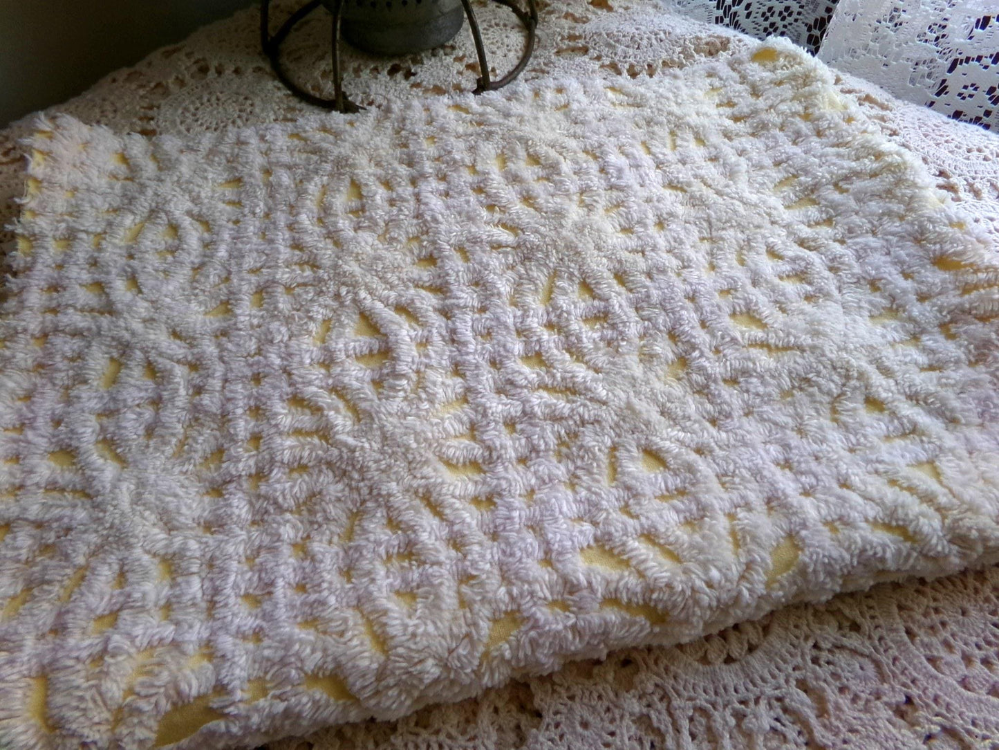 buttercup yellow vintage chenille fabric with thickly tufted spider tufts, 19" x 26" inch piece of quilt material for sewing & crafts