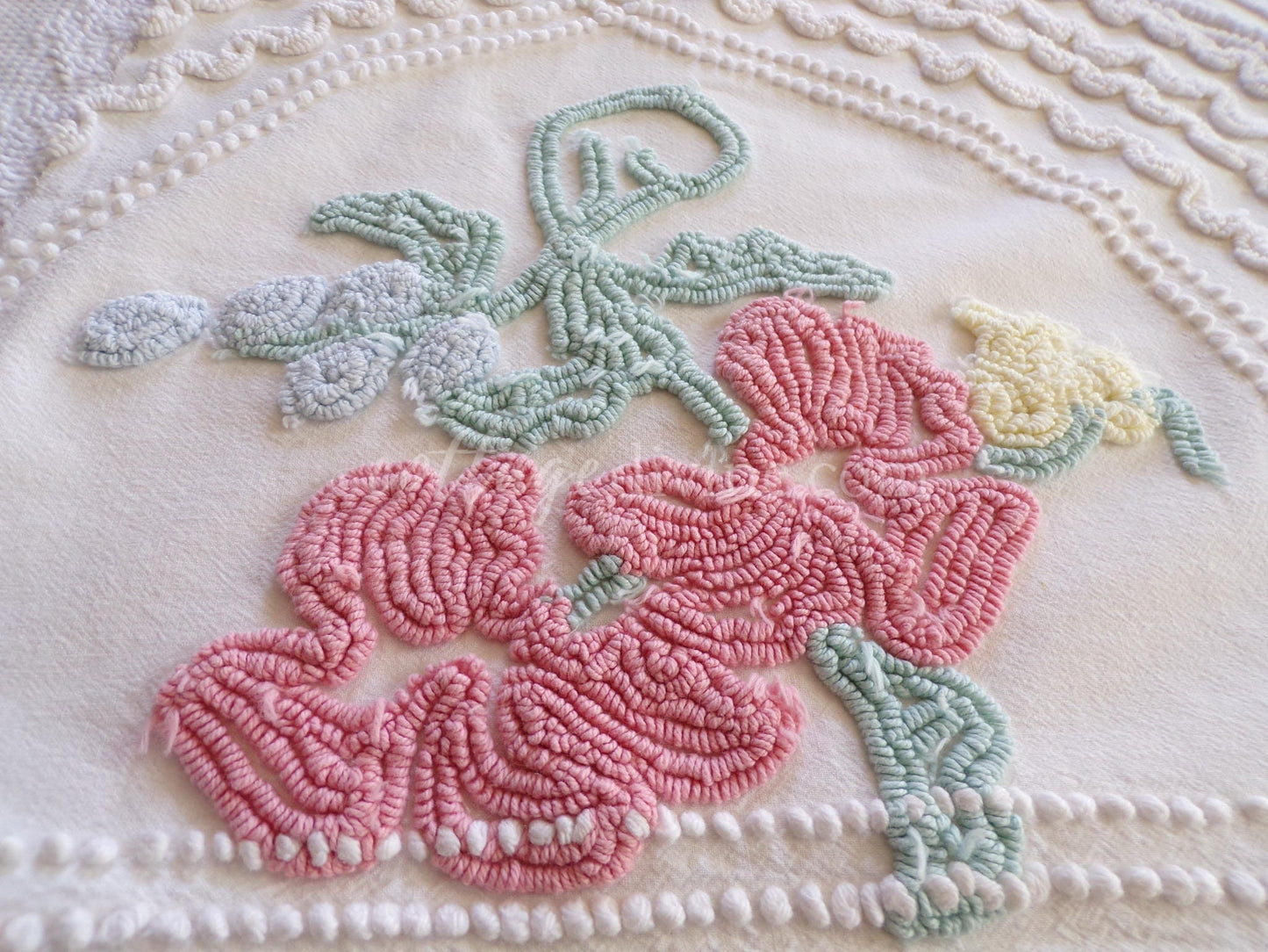 Magical Cottage Chic Lily Vintage Chenille Quilt Fabric Piece, 18" x 25" inches, Pretty in Pillows