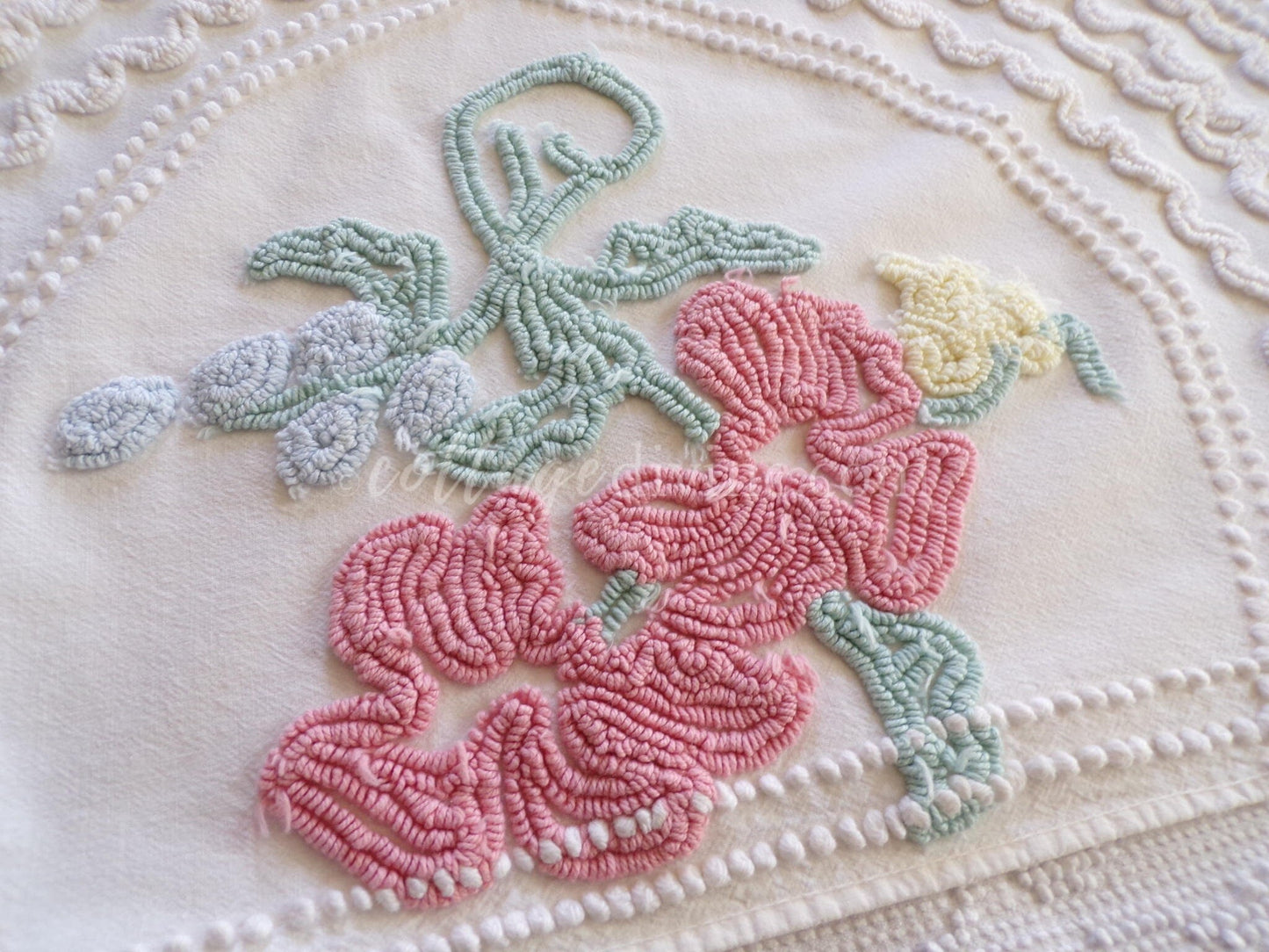 Magical Cottage Chic Lily Vintage Chenille Quilt Fabric Piece, 18" x 25" inches, Pretty in Pillows