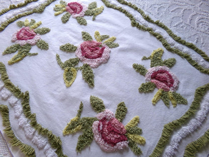 victorian style rose vintage chenille fabric, 19" x 25" inch piece of cotton sewing material, great for pillows & crafts