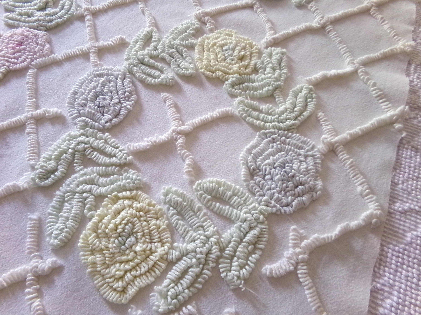 Pastel Spring Floral Wreaths Vintage Chenille FABRIC PIECE, 21" x 30" inches, Antique Cream