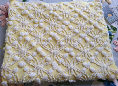 sunny yellow vintage chenille fabric, 20" x 24" piece of craft material for sewing, quilting in white overtufted pops & spider ring pattern