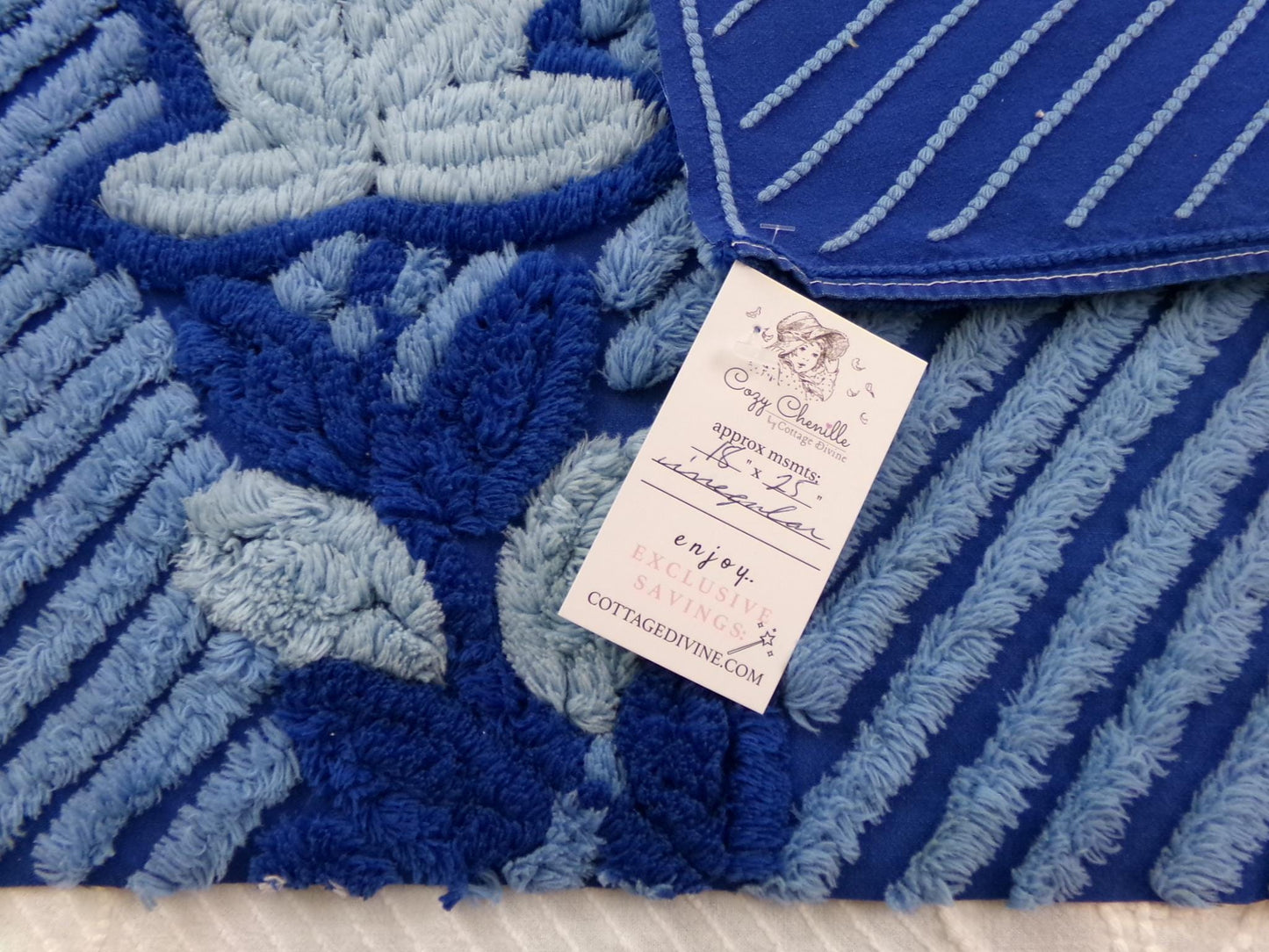 Midnight Blue Plush Vintage Chenille Bedspread Fabric, Water Lily on Diagonal Stripes, 18" x 25" inch Piece, Sewing & Quilt Material
