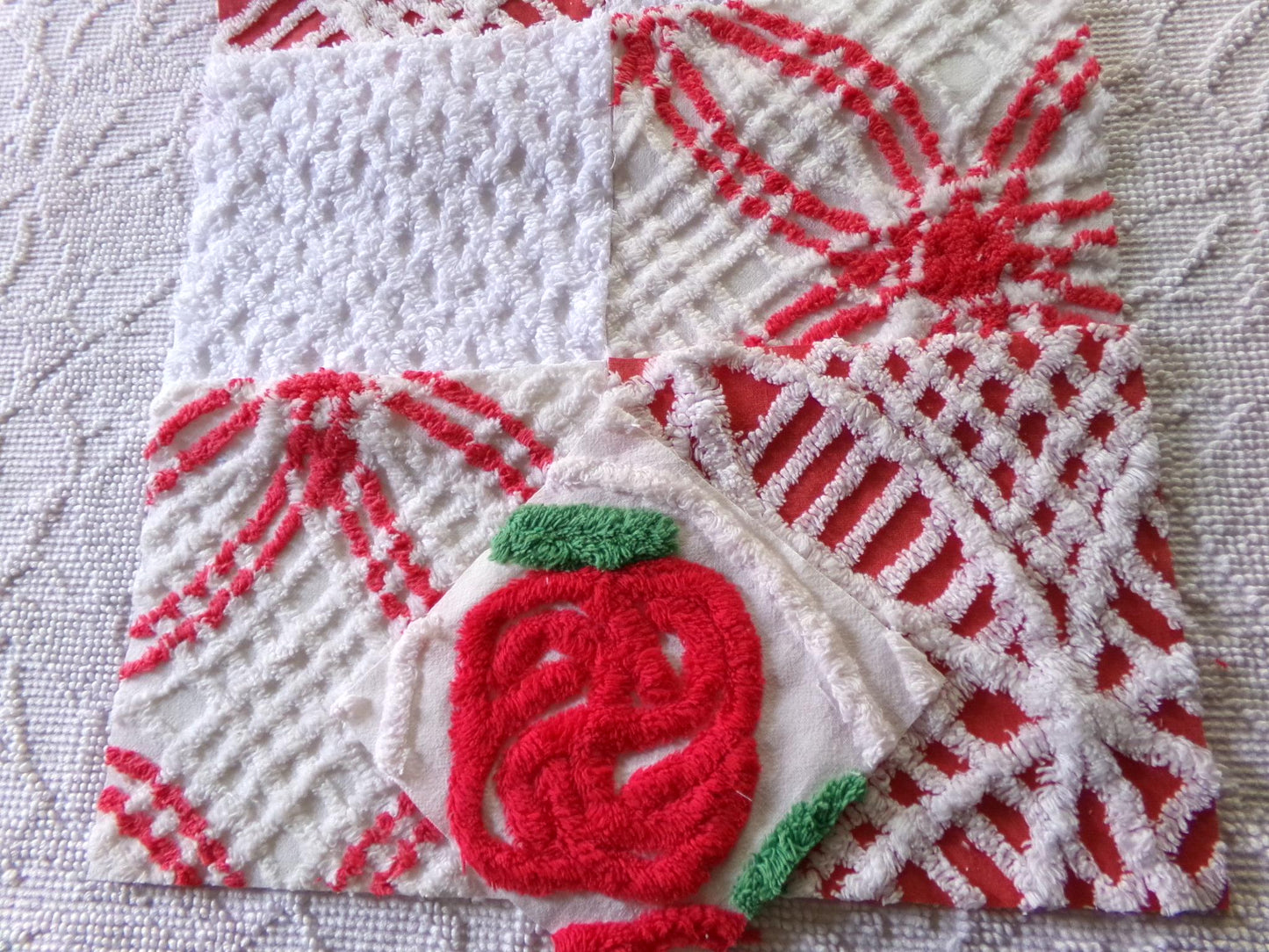 rose red & white chenille fabric squares, 7.5" vintage quilt blocks, set of 8 for sewing, Christmas crafts, quilting