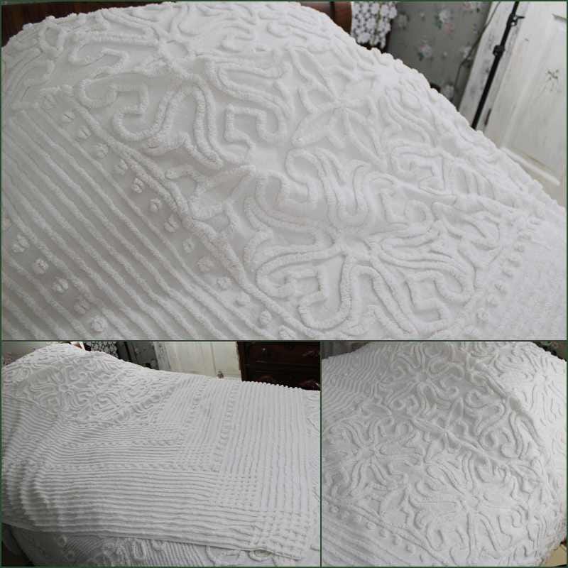 Heavenly White Vintage Chenille Bedspread in Elegant Scroll Design, Full Bed Size, 100% Summer Weight Cotton Farmhouse Style Bedding