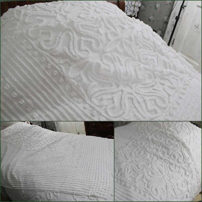 Heavenly White Vintage Chenille Bedspread in Elegant Scroll Design, Full Bed Size, 100% Summer Weight Cotton Farmhouse Style Bedding