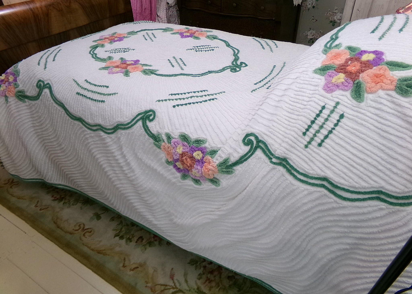 Cottage Getaway Vintage Chenille Bedspread, Green Accents & Colorful Florals on White Cotton, FULL Size Summer Shabby Chic Bedding