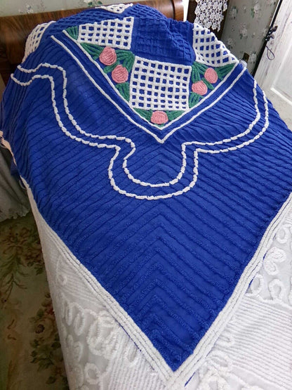 Regal Blue Vintage Chenille Bedspread, Pink Rosettes & White Waffle Tufts, Full Size