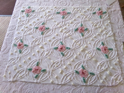 Shabby Cottage Rose Chenille Fabric, Vintage Thin Lightweight Cotton Sewing Material in Pink Florals on White, 21" x 26" inch Piece