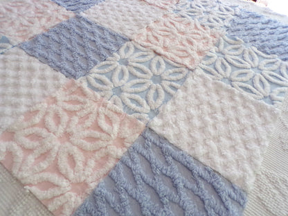 Fluffy Soft 6" Chenille Fabric Squares, Set of 16 Quilt Blocks, Pink, Blue & White Daisy Designs Cut from Vintage Chenille Bedspreads