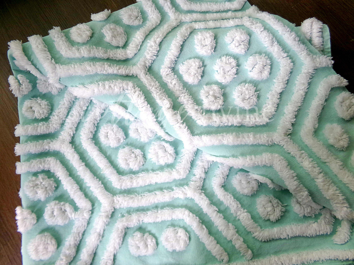 Plush Puffs Vintage Chenille Fabric, 20" x 25" Inch Aqua & White Piece, Rare Geometric Hexagon Design by Hofmann Textiles