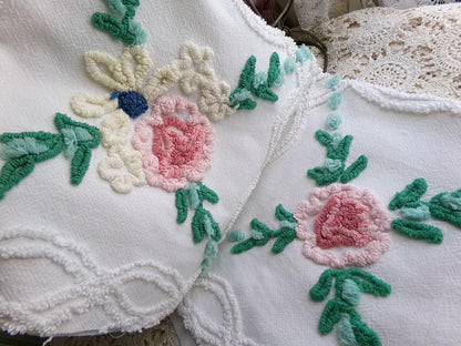 cottage style wildflower vintage chenille fabric, jadeite pops on white cotton, 22" x 23" inch piece of sewing material for quilting, crafts