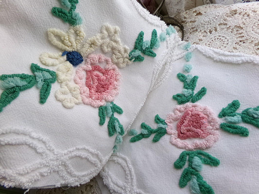 cottage style wildflower vintage chenille fabric, jadeite pops on white cotton, 22" x 23" inch piece of sewing material for quilting, crafts