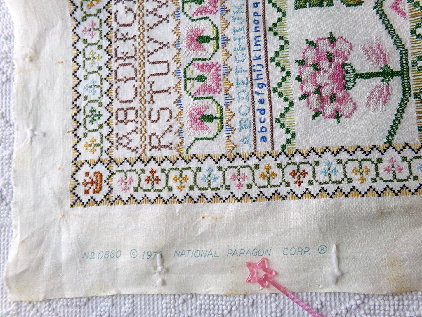Shabby Vintage Linen Embroidery Sampler, Jacobean 1773 Cooper Hewitt Museum, 0860 Paragon Stitchery, Hand Embroidered, Completed