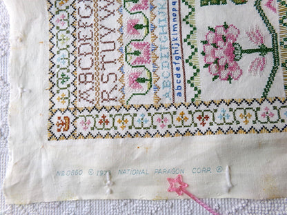 Shabby Vintage Linen Embroidery Sampler, Jacobean 1773 Cooper Hewitt Museum, 0860 Paragon Stitchery, Hand Embroidered, Completed