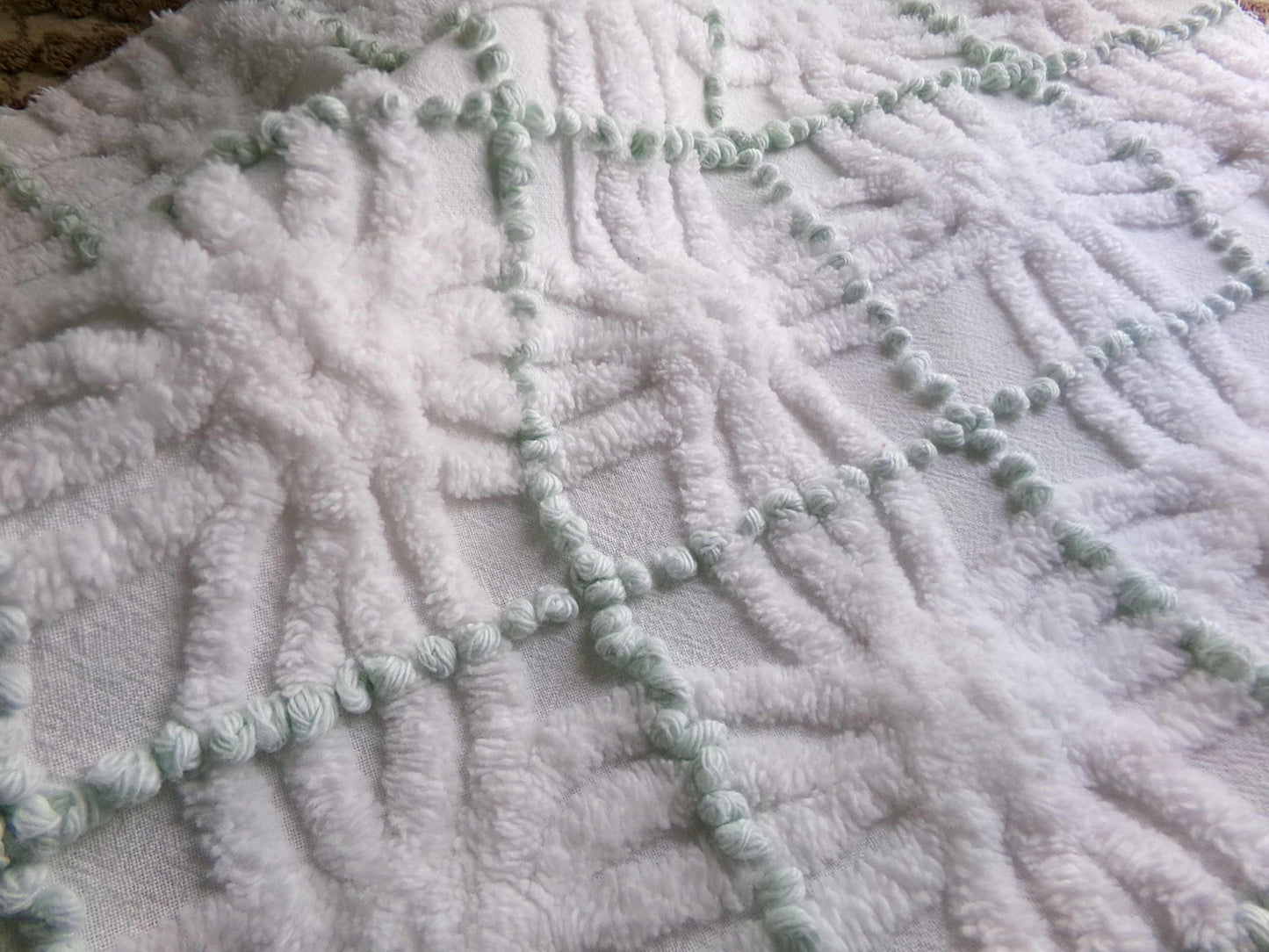 Popular Vintage Chenille Quilt Fabric, Mint Green Pearl Pops & White Spider Rings, 25" x 18" inch Piece