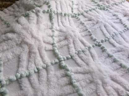 Popular Vintage Chenille Quilt Fabric, Mint Green Pearl Pops & White Spider Rings, 25" x 18" inch Piece