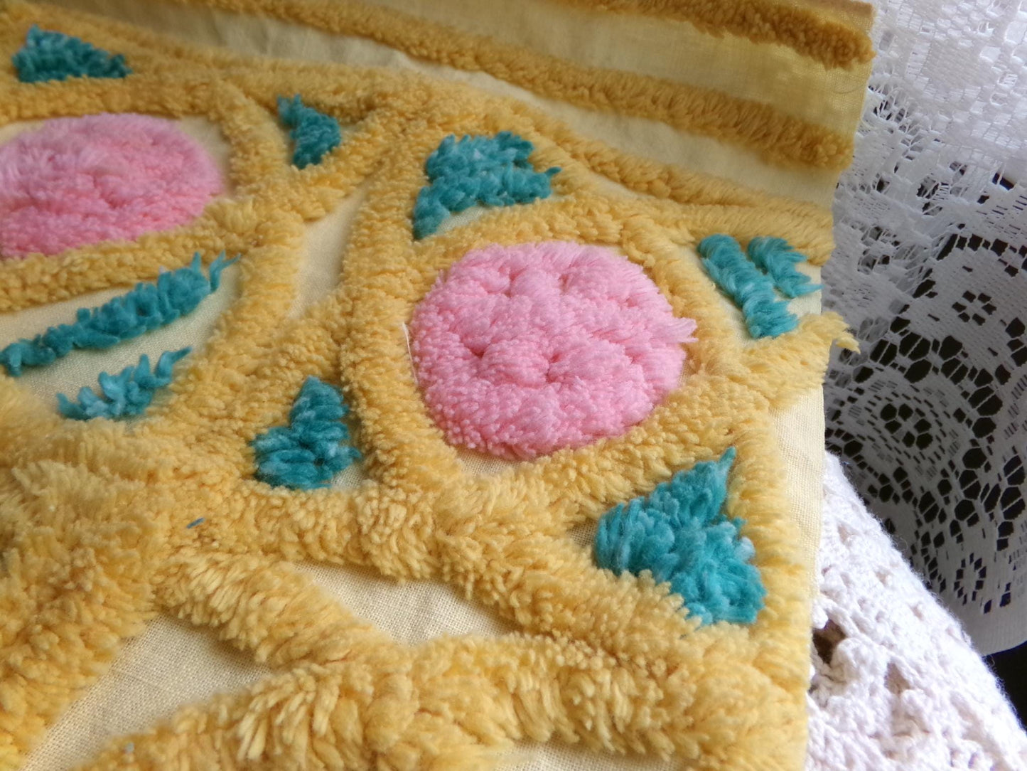 fairytale rose vintage chenille material, lovely quilt fabric, or for pillows, wall hangings, 15" x 23" piece, golden yellow & pink roses
