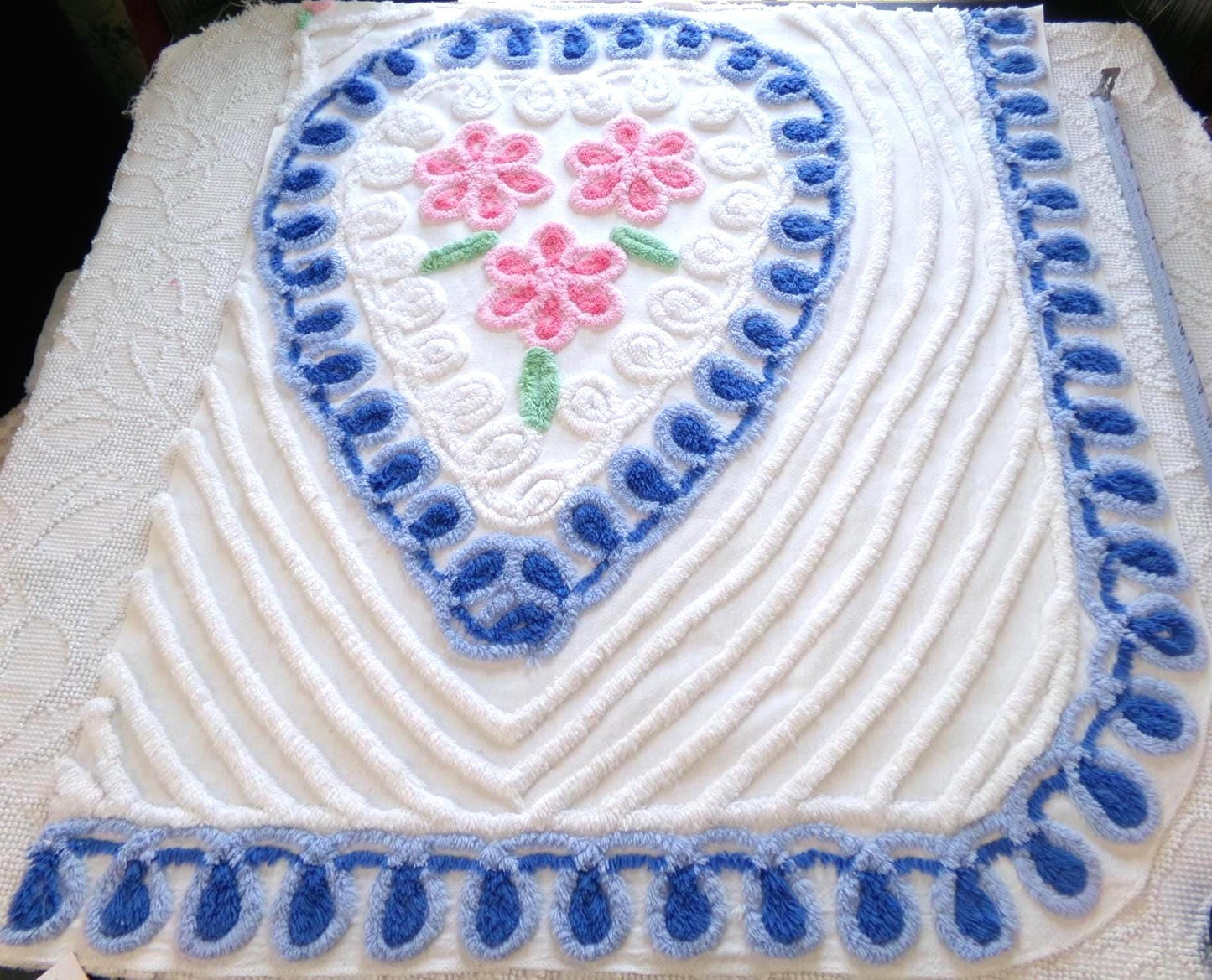 sweet 'n shabby vintage chenille fabric, pink & blue rose heart design, 24" x 25" piece of sewing material
