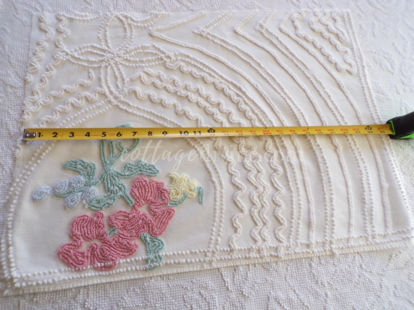 Magical Cottage Chic Lily Vintage Chenille Quilt Fabric Piece, 18" x 25" inches, Pretty in Pillows