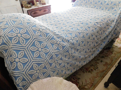 Vintage Chenille Bedspread, White Daisy Hexagon Design on Sky Blue, Full Size 1950s Geometric Design, 100% Cotton