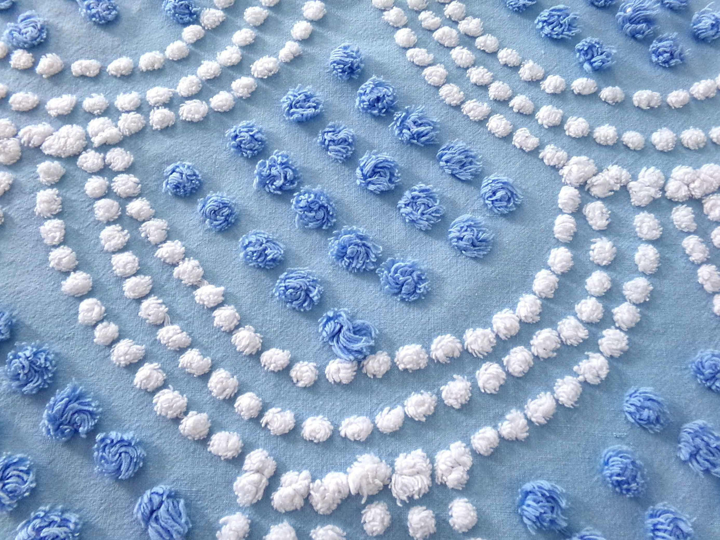 mermaid tails vintage chenille fabric, 25" x 24" inch piece in beautiful blue & white scallop pops design