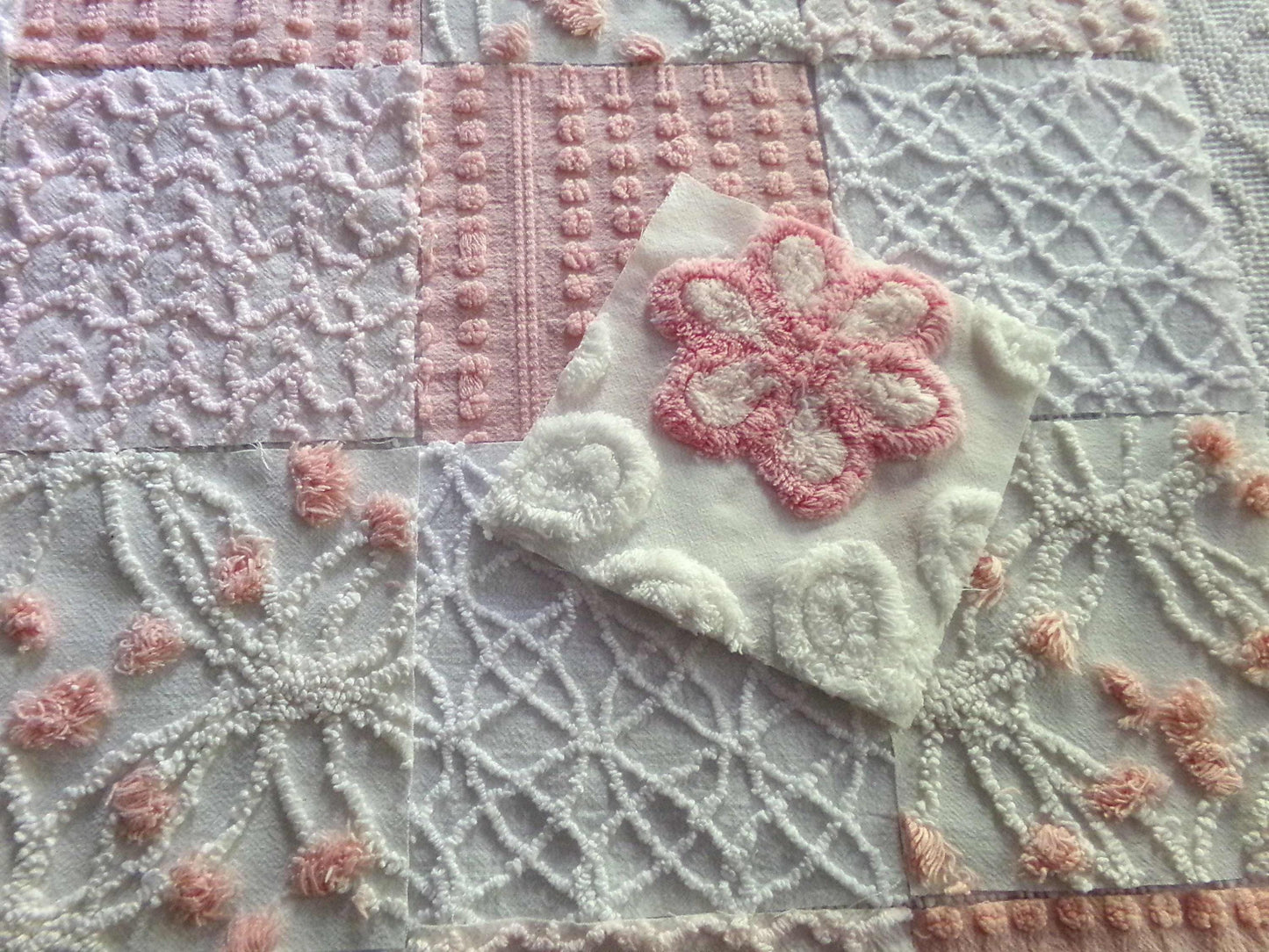 Think Pink Chenille Fabric Squares Set, 17 Vintage Quilt Blocks, 6" inch in Pinks & White