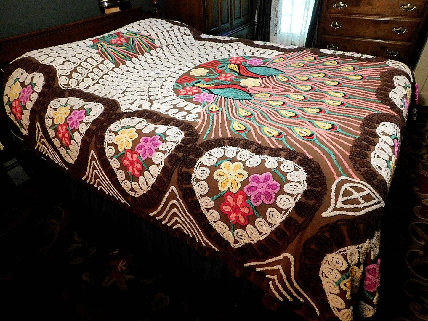 Iconic Vintage Peacock Chenille Bedspread, Rainbow Lovebirds & Hearts, FULL Size
