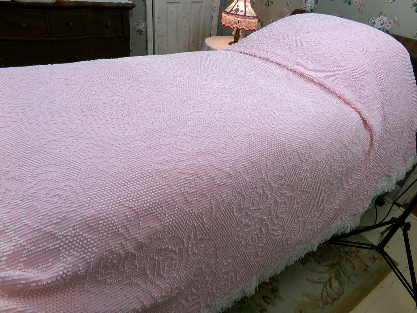 Vintage Twin Chenille Bedspread | Pink White Hobnail Rose Pattern with Fringe | Shabby Chic Woven Cotton Bedding