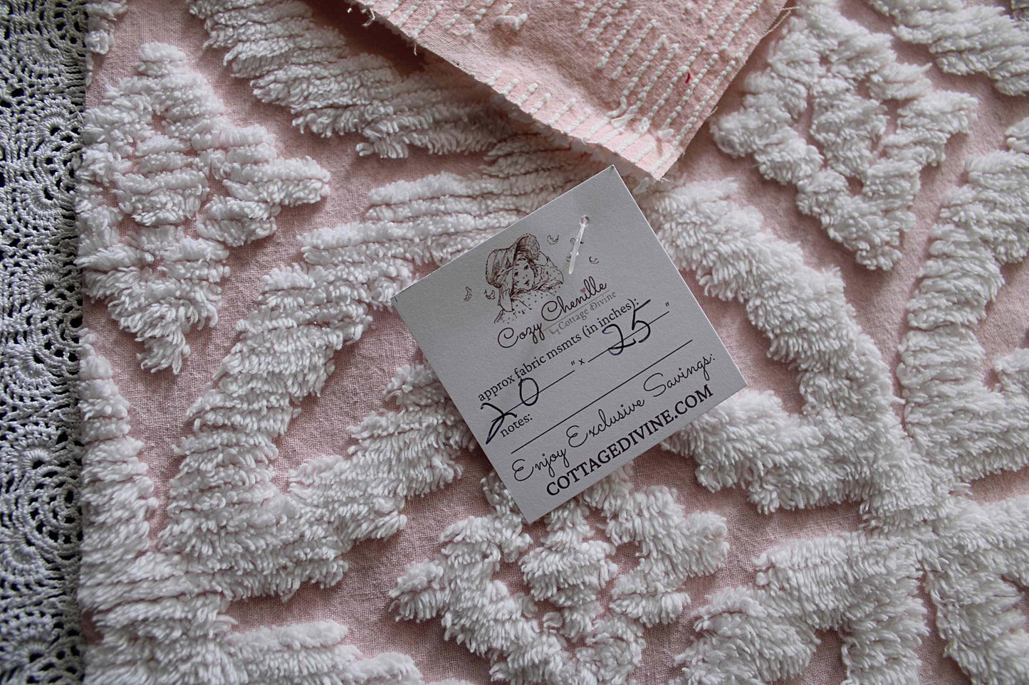 sculpted petals vintage chenille fabric, white tufting on cool pink, 20" x 25" inch piece, 100% cotton