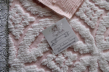 sculpted petals vintage chenille fabric, white tufting on cool pink, 20" x 25" inch piece, 100% cotton