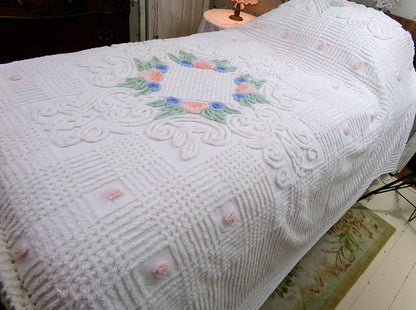 roses in winter vintage chenille bedspread, white cotton summer coverlet, classic cottage style full size bedding