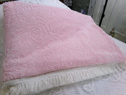 Vintage Twin Chenille Bedspread | Pink White Hobnail Rose Pattern with Fringe | Shabby Chic Woven Cotton Bedding