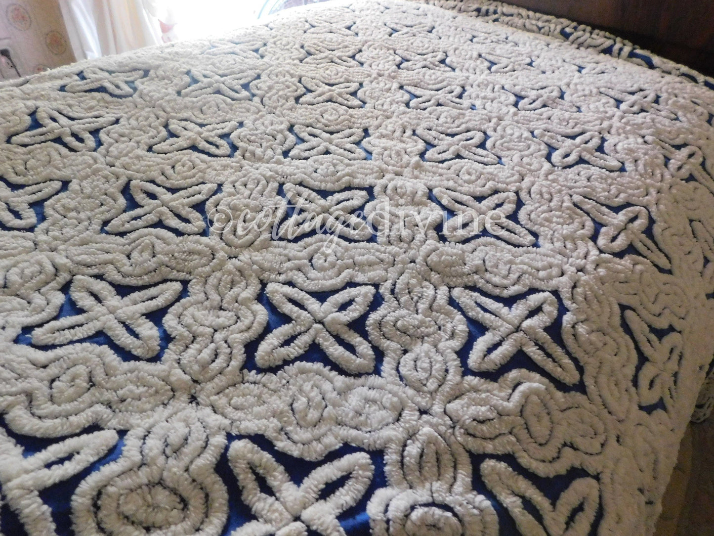 Gothic Cobalt Blue Chenille Bedspread, Hofmann Vintage Full Size Bedding, 100% cotton