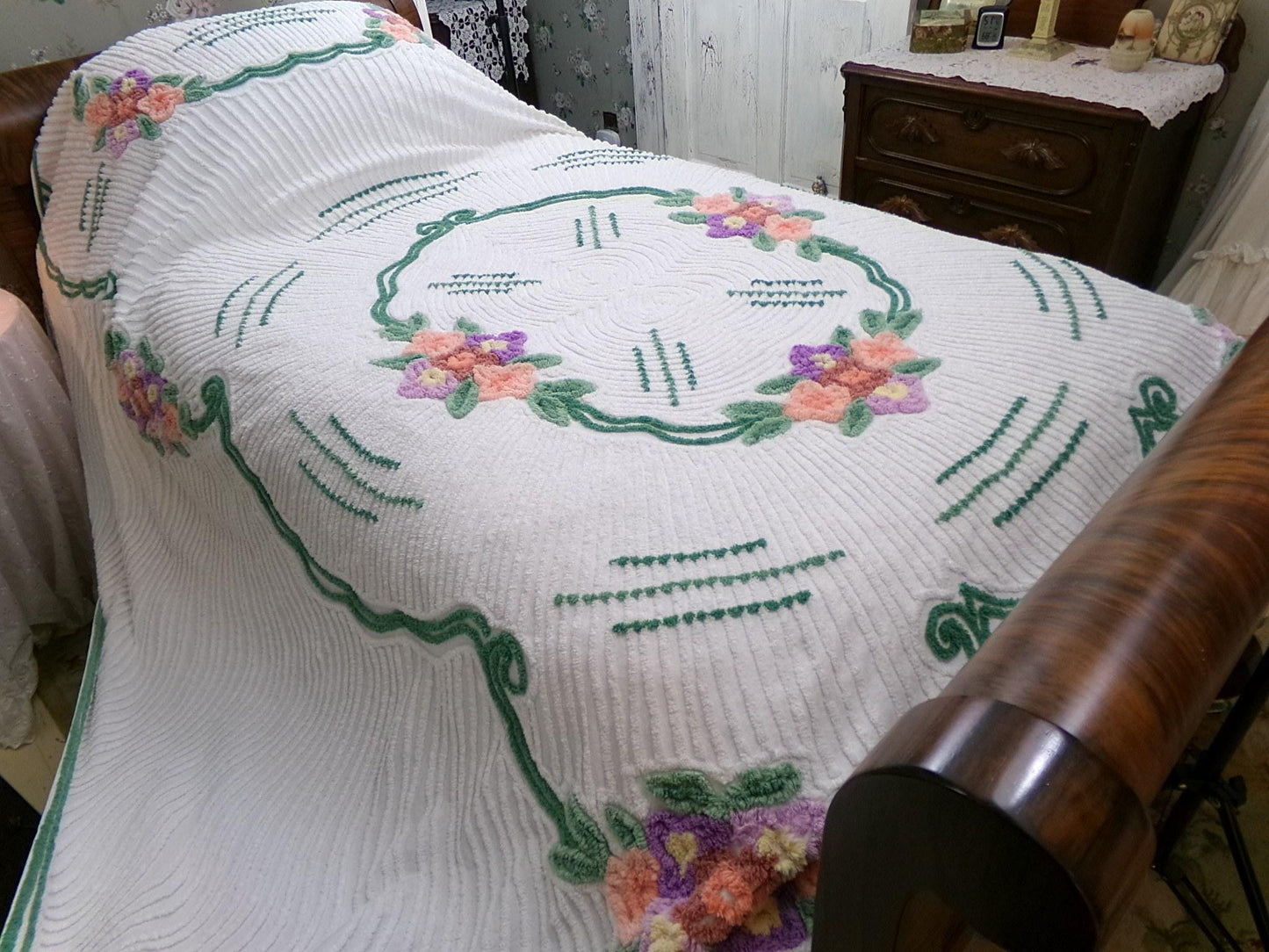 Cottage Getaway Vintage Chenille Bedspread, Green Accents & Colorful Florals on White Cotton, FULL Size Summer Shabby Chic Bedding