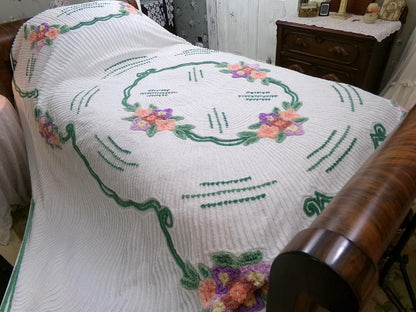 Cottage Getaway Vintage Chenille Bedspread, Green Accents & Colorful Florals on White Cotton, FULL Size Summer Shabby Chic Bedding