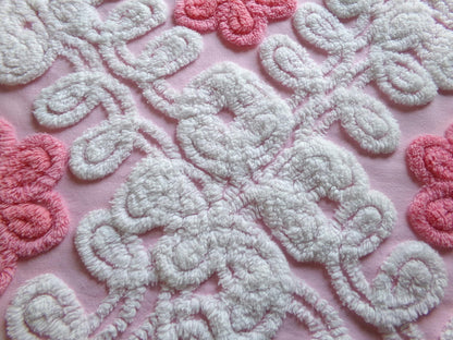 fluffy flowers vintage chenille fabric, plush pink & white sewing material, 19" x 22" inch piece for pillows, quilts, fiber arts