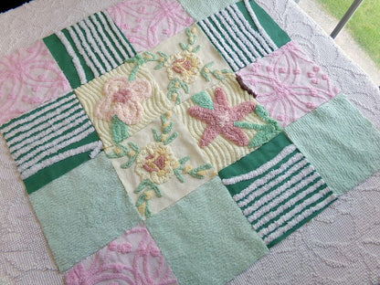 enchanted forest chenille fabric squares, set of 16 vintage craft quilt blocks 6" inches ea, yellow, green, pink & floral patterns