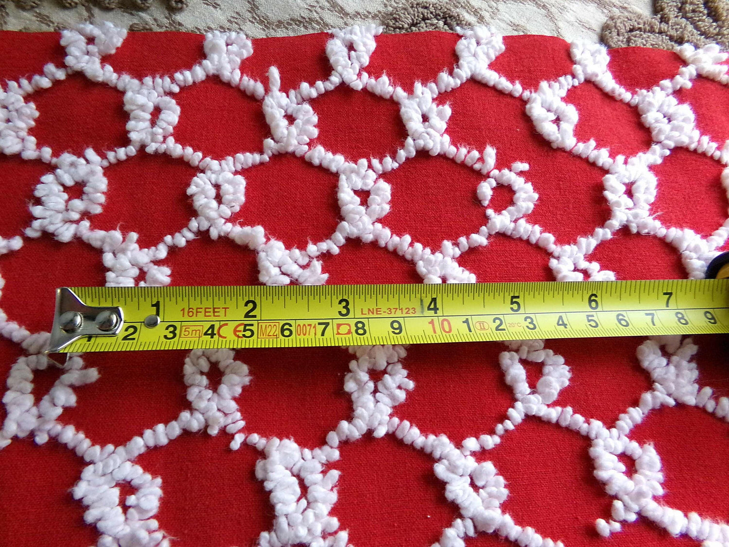 Fabulous Vintage Chenille Bedspread Fabric, Red & White Chain Link Design, 19" x 20" inch Piece, Ultra Lightweight Cotton
