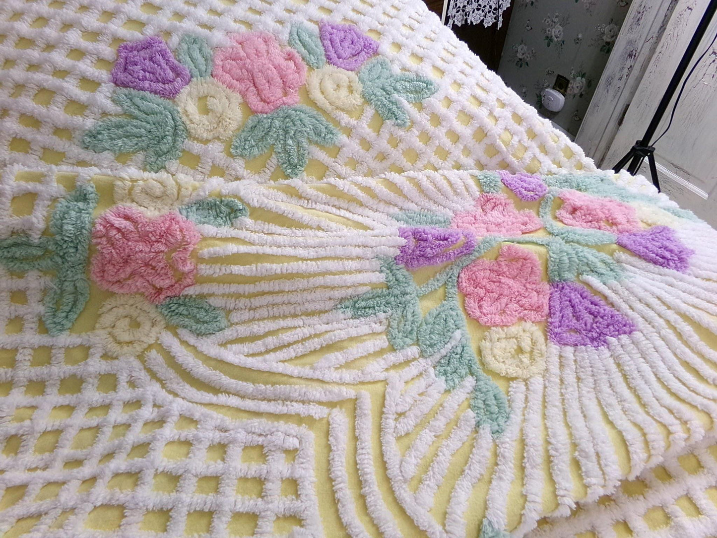 just joyful vintage chenille bedspread in cheery yellow with springtime flowers, full size bedding, 100% quality cotton