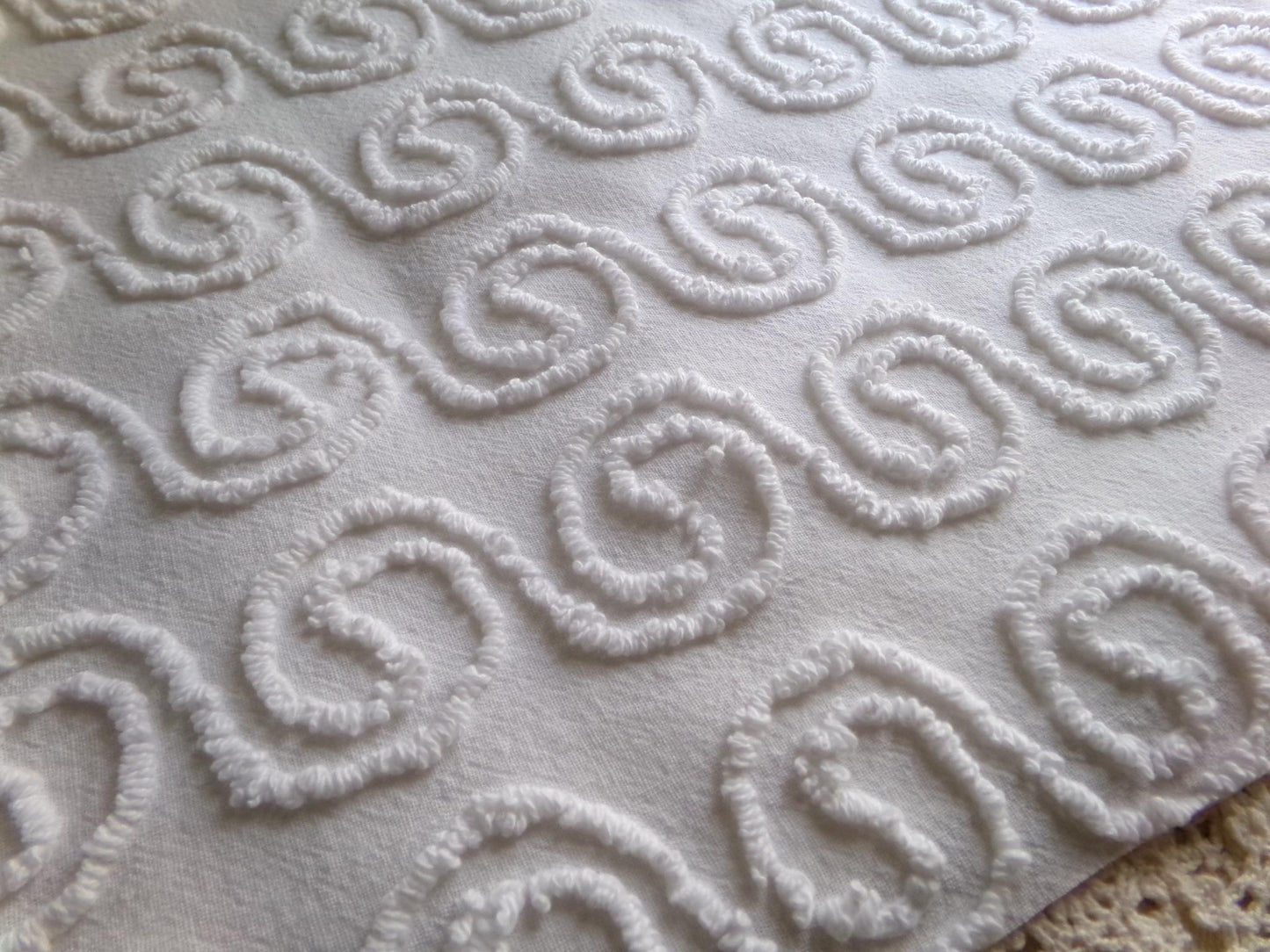spiral curls white vintage chenille fabric, ultra lightweight cotton sewing material with great texture & presentation, 20" x 24" inch piece