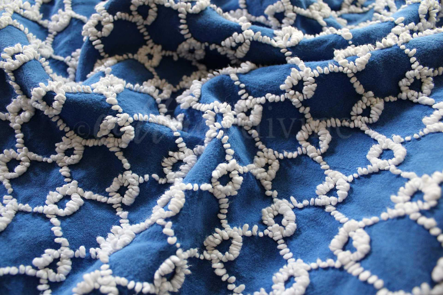 Chain Link Cobalt Blue Vintage Chenille Fabric, 20" x 24"' inch piece, White Needletufted Links on Ultra Lightweight Cotton