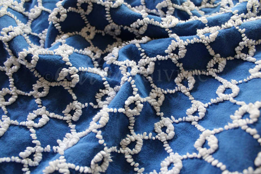 Chain Link Cobalt Blue Vintage Chenille Fabric, 20" x 24"' inch piece, White Needletufted Links on Ultra Lightweight Cotton