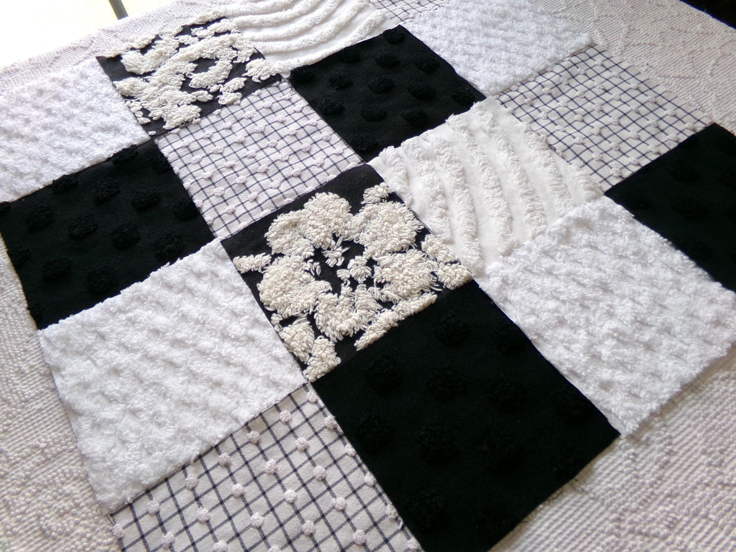 trendy tuxedo b&w chenille fabric squares, set of 16 vintage black and white quilt blocks 6" ea, great textures for crafts, quilting